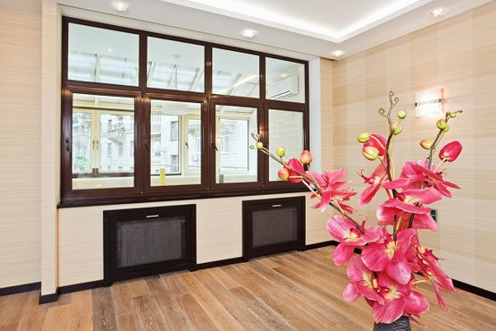 Leeres Wohnzimmer Braune Fenster mit rosa Orchidee im Vordergrund